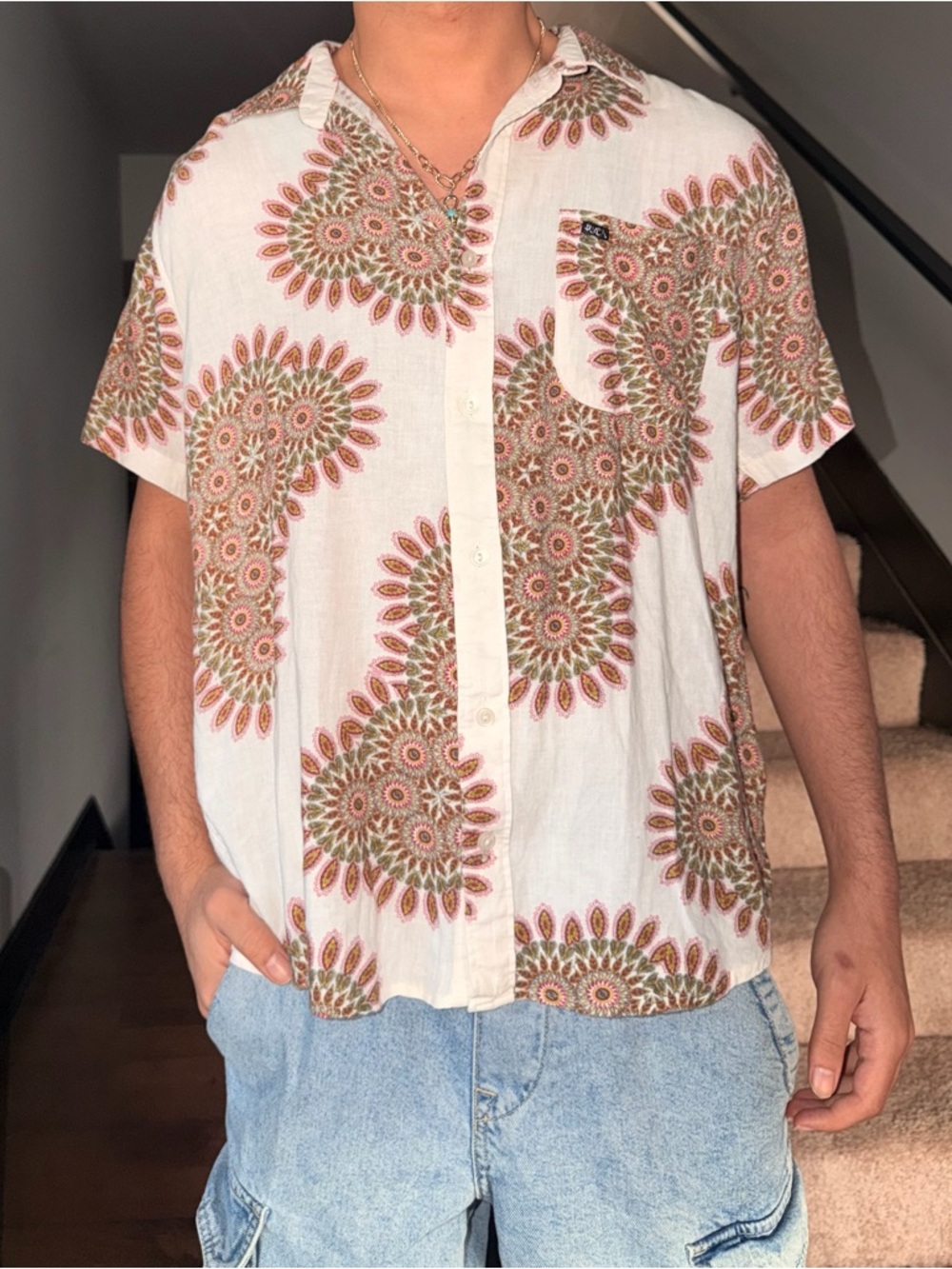 RVCA White Short-Sleeve Button-Up Shirt with Green and Brown Medallion Print